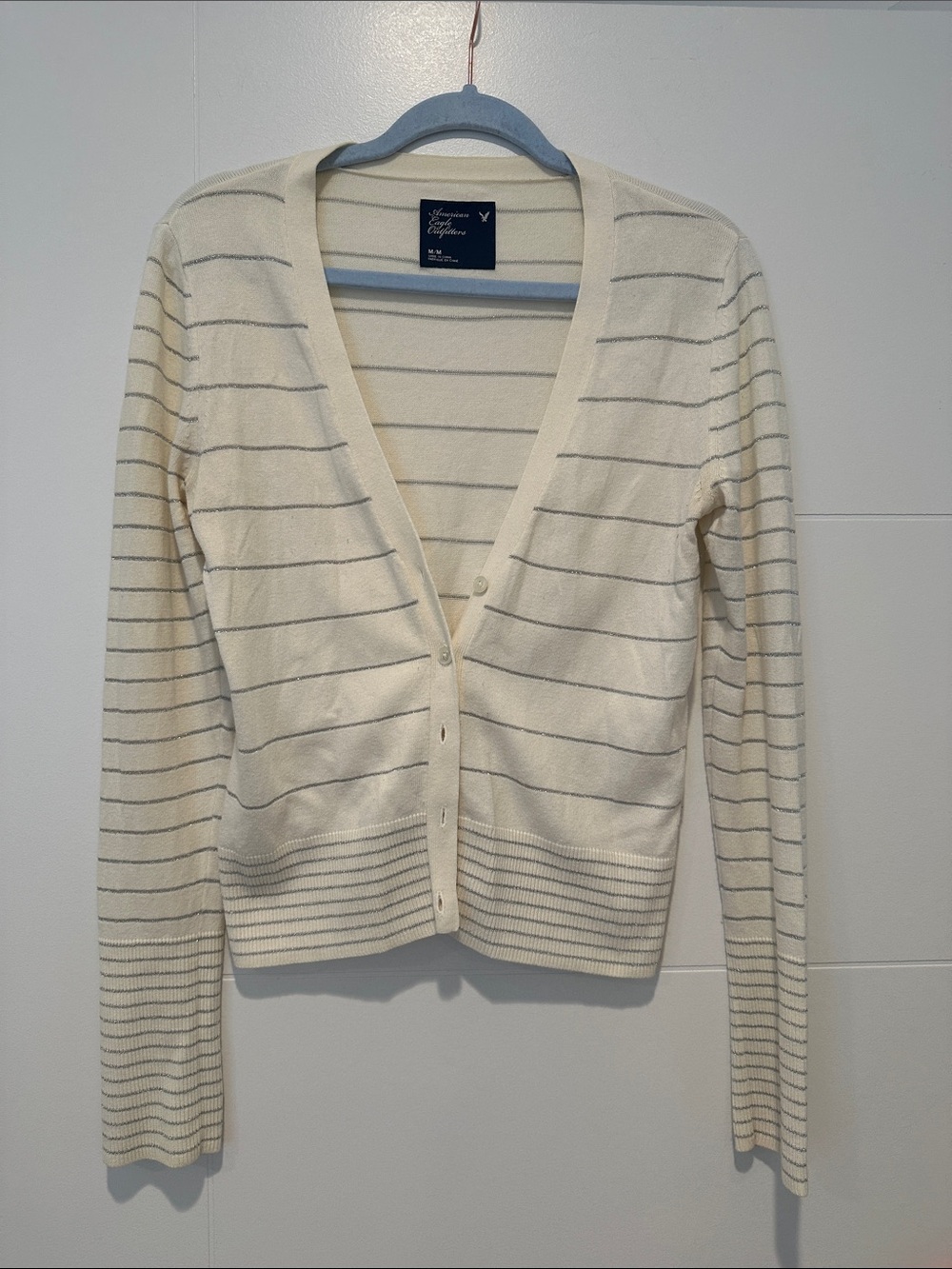 American Eagle Outfitters Cream Cardigan with Gray Stripes